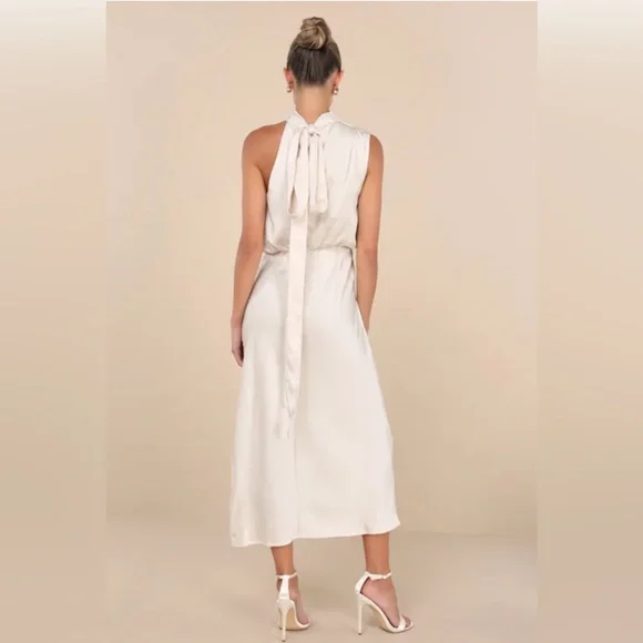 Greta Champagne Crinkle Satin Mock Neck Sleeveless Midi Dress Bridal Rehearsal - Picture 4 of 4